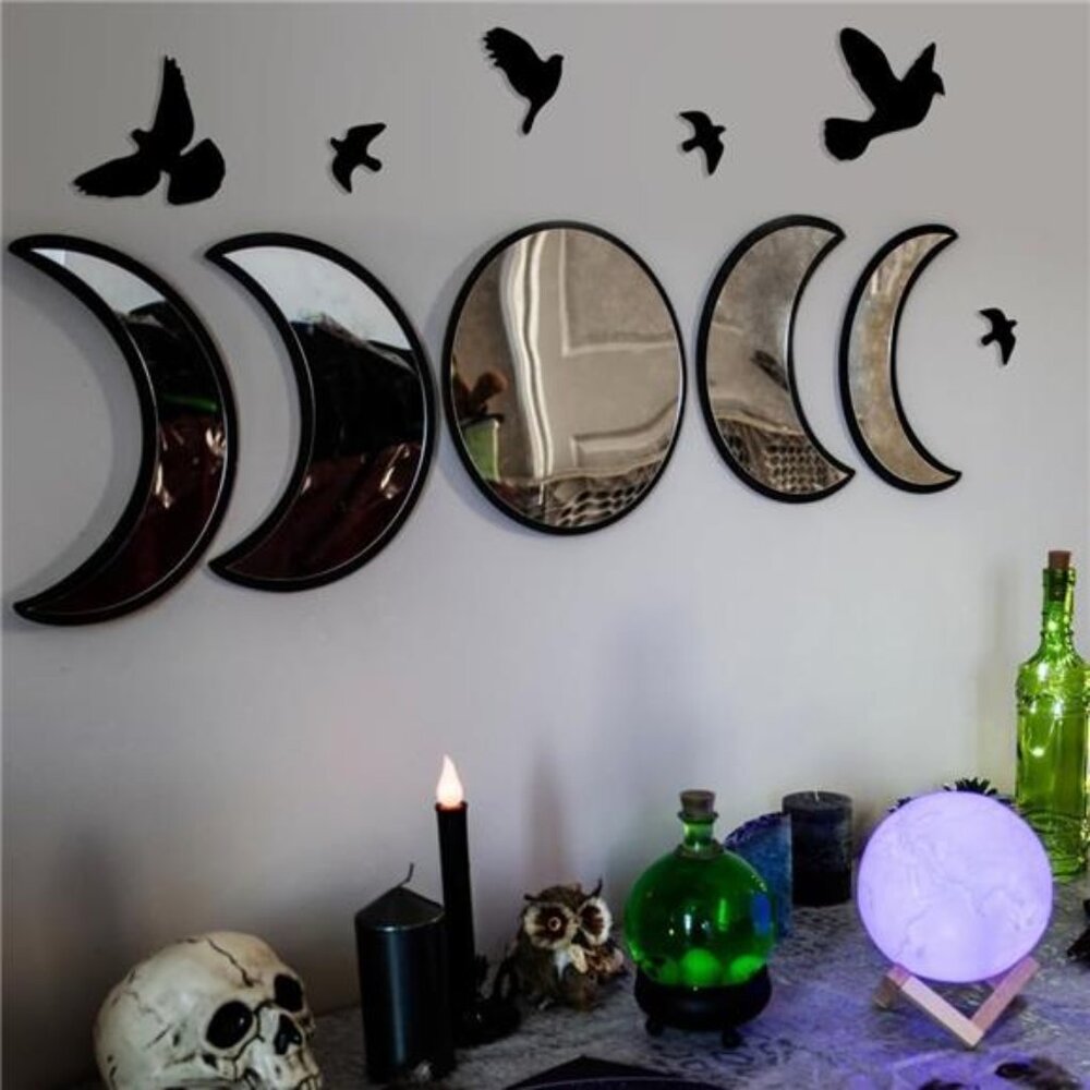 Moon Phase Mirror Set with Birds | Scandinavian Natural Home Boho Wall Decor
